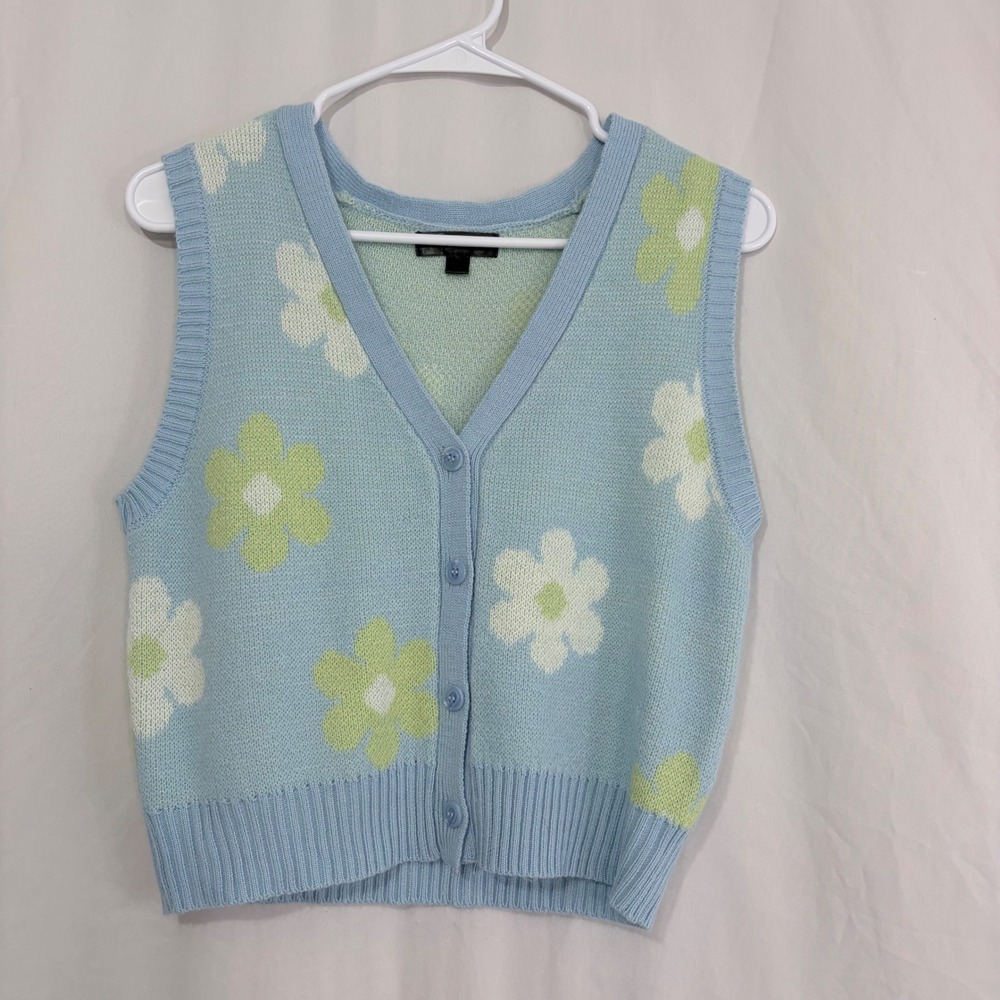 Y2K Floral Knit Sweater Vest Womens Blue Button Front Cottagecore